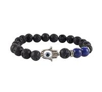 Bracelet extensible en pierre de lave naturelle et lapis lazuli - Bracelet chakra de force et de sagesse - Triple protection - Guérison Reiki - Main de Fatima apporte bonheur et santé - Perles de 8 mm