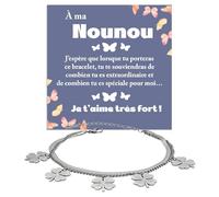Bracelet Femme Baby-Sitter Argent Or Idée Cadeau Anniversaire pour elle, Acier Inox Idée cadeau Noël, Cadeau pour Nounou - Coffret avec DÉDICACE inclus (Bracelet Nounou trèfle à quatre feuilles)
