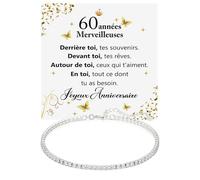Bracelet Femme Idée Cadeau 60 ans Anniversaire Argent Sterling 925 et Pierres blanc en Zircone cubique, Pour elle Fête Événement spécial- Coffret avec DÉDICACE inclus (60 joyeux anniversaire tennis 1)