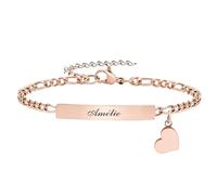 Bracelet Femme Personnalisé Chaine Reglable, Bracelet Gravé Prénom Date Coeur en Acier Inoxydable Chaîne Figaro Cubain Argenté, Bijoux Cadeaux pour Femmes Petite Amie Filles Garçons Hommes (Or Rose)