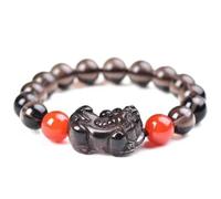 Bracelet Feng Shui avec Mascotte - Pierre Naturelle Obsidienne de Glace & Agate Rouge Talisman pour la Prospérité et la Chance pour Homme Femme, 12mm, Pierre, Pas de pierre précieuse