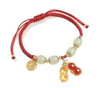 Bracelet Feng Shui, Bracelet tressé en fil rouge naturel hétien néphrite jade agate talisman spirituel doré en argent sterling pendentif cacahuète porte-bonheur for la chance, l'argent, la prospérité