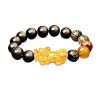 Bracelet Feng Shui en obsidienne dorée avec mascotte - Talisman changeant de couleur pour richesse, prospérité et chance, 14mm, Pierre, Pas de pierre précieuse