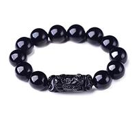 Bracelet Feng Shui en obsidienne noire en obsidienne naturelle Pixiu Pi Yao pour couple Attirer la richesse Talisman pour la prospérité, l'argent, la chance, 16 mm