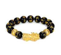 Bracelet Feng Shui Impérial Fortune - Breloque Pixiu pour richesse et chance avec perles d'obsidienne noire, gardien Pi Yao doré, perles de prière mantra, bijou de protection réglable pour homme et