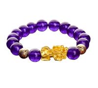 Bracelet Feng Shui Mascotte - Bracelet Vietnamien Or Pi Yao Richesse avec Perles Agate Violet - Porte-Bonheur pour l'Argent, l'Amour et la Prospérité - Cadeau idéal pour Homme et Femme, 10mm, Pierre