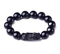 Bracelet Feng Shui Mascotte Obsidienne Noire Richesse Prospérité Amulette Obsidienne Naturelle Porte Bonheur, 14MM, Pierre, Pas de pierre précieuse