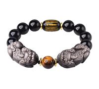 Bracelet Feng Shui Obsidienne Noire avec Mascotte & Oeil de Tigre Pierre Naturelle Amulette pour Richesse, Protection et Bonne Fortune, 8MM, Pierre, Pas de pierre précieuse