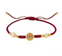 Bracelet fil rouge porte-bonheur, pièce de prospérité ton doré, cordon tressé réglable, amulette style chinois, détails perle de culture, bracelet fait main pour femme, bonne fortune au poignet