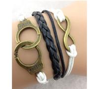 Bracelet - Freedom - Menotte infini - Simili cuir noir - Coton ciré blanc - Longueur 16cm