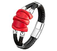 Bracelet Homme Double Couche En Cuir Tressé, Style Bohème Vintage, Orné De Turquoise, Howlite Et Agate Rouge. Fermoir Magnétique. Bijou Idéal Comme Cadeau Pour Elle. Agate Rouge Et Blanche, 21