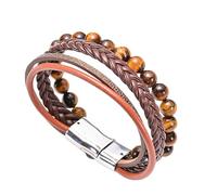 Bracelet Homme En Cuir Noir Multi-Rangs, Perles De 8 Mm En Œil De Tigre Et Pierre De Lave, 7 Chakras, Fermoir Magnétique. Bijou Idéal Comme Cadeau Pour Mari, Petit Ami Ou Père. Longueur : 21 Cm.