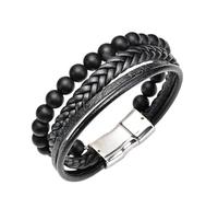 Bracelet Homme En Cuir Noir Multi-Rangs, Perles De 8 Mm En Pierre Œil-De-Tigre/Pierre De Lave, 7 Chakras, Fermoir Magnétique. Bijou Idéal Comme Cadeau Pour Mari, Petit Ami Ou Père. Pierre Givré