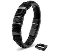 SERASAR | Bracelet premium en cuir véritable pour hommes [anneau] avec boîte cadeau et fermoir en acier inoxydable | Couleur : noir | Longueur : 20cm