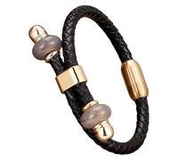 Bracelet Homme En Cuir Tressé Avec Perles De Pierre Naturelle Et Fermoir Magnétique. Bijou Vintage Bohème Fait Main, Idéal Comme Cadeau Pour La Saint-Valentin Ou Un Anniversaire. Couleur : Or. L