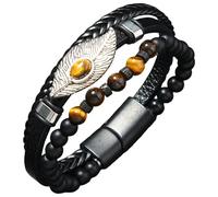 Bracelet Homme En Cuir Tressé Multicouche, Orné De Pierres Naturelles Et De Perles En Œil De Tigre. Bracelet Bohème Punk, Orné D'Une Breloque Feuille. Idée Cadeau D'Anniversaire Pour Lui Ou El