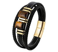 Bracelet Homme En Cuir Tressé Noir Double Couche Avec Fermoir Magnétique, Orné De Pierres Œil De Tigre Naturelles. Bracelet Élégant Et Décontracté, Idéal Pour Un Petit Ami Ou Un Mari. Coule