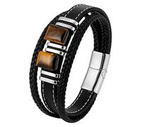Bracelet Homme En Cuir Tressé Noir Double Couche Avec Fermoir Magnétique, Orné De Pierres Œil De Tigre Naturelles. Bracelet Élégant Et Décontracté, Idéal Pour Un Petit Ami Ou Un Mari. Blanc