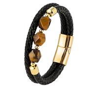 Bracelet Homme En Cuir Tressé Vintage Double Rangée, Orné D'Une Pierre Œil-De-Tigre Naturelle En Forme De Losange. Idéal Comme Cadeau Pour La Fête Des Pères Ou Un Anniversaire. Couleur : Or.