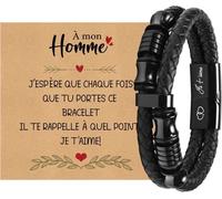 Bracelet Homme Idée Cadeau Anniversaire Bracelet Cuir Tressé Gravure Je t'aime Fermoir Magnétique Acier Inoxydable Coffret Noir