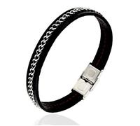 Bracelet Homme - L'ATELIER D'AZUR - Acier et Cuir - Chaine en Acier - Noir - 21.5cm de longueur