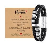 Bracelet Homme Papa Idée Cadeau Fete des Peres Anniversaire - Bracelet Cuir Homme Fermoir Magnétique Acier Inoxydable Coffret Cadeau Homme (Argent - Homme 19cm)