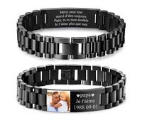 Bracelet Homme Personnalisé Photo Cadeau - Réglable Gourmette Homme en Acier Inoxydable Gravé avec Photo Texte Prénom,Bijoux Cadeau pour Papa Mari Grand-père Fête des Pères Anniversaire