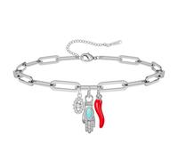 Bracelet œil maléfique avec corne italienne Bracelet Evil Eye Mano Cornuta | Bracelet en acier inoxydable avec corne italienne et piment rouge Bijou de protection œil maléfique Cornicello porte-bonheur