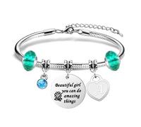 Bracelet inspirant cadeau pour filles, pendentif cœur en argent 26 initiales A-Z bracelet pour fille, sœur, amie « Beautiful girl you can do amazing things », adjustable, Acier inoxydable, Pas de