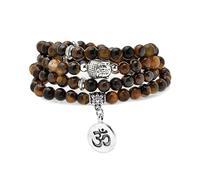 Bracelet Japa Mala 108 perles, collier à breloque Bouddha avec breloque symbole OM Yoga pour homme ou femme (Œil de tigre marron (Brown Tiger Eye))