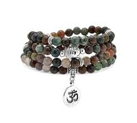 Bracelet Japa Mala 108 perles, collier à breloque Bouddha avec breloque symbole OM Yoga pour homme ou femme (Agate indienne (Indian Agate))