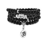 Bracelet Japa Mala 108 perles, collier à breloque Bouddha avec breloque symbole OM Yoga pour homme ou femme (Agate noire (Black Agate))