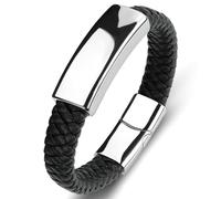 Bracelet Jonc Homme, Bracelet Fantaisie Argent Noir Rectangulaire Brillant Cuir en Acier Inoxydable 16.5cm