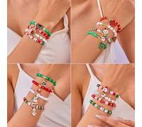 Bracelet léger de perles en argile polymère avec accents de perles et pendentifs faits à la main Père Noël élan, style unisexe pour un usage quotidien (F)