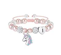 Bracelet Licorne TINGN - Perles Roses et Boules de Strass Coeur et Lettres Arc-en-Ciel CZ, Cadeaux pour Filles