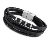 Bracelet - LOTUS - Multi-lien - Cuir noir - Acier inoxydable - 23cm