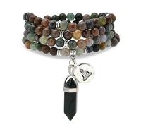 Bracelet Mala 108 perles naturelles Collier de pleine conscience avec breloque Bouddha Yoga Zen et pendentif prisme hexagonal en quartz Reiki (Agate indienne (Indian Agate))