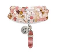 Bracelet Mala 108 perles naturelles Collier de pleine conscience avec breloque Bouddha Yoga Zen et pendentif prisme hexagonal en quartz Reiki (Tourmaline pastèque (Watermelon Tourmaline))