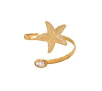 Bracelet manchette doré et argenté pour femme - Perle étoile de mer serpent - Bracelet réglable minimaliste - Brillant - Tendance - Ouvert - Élégant - Pour l'été et la plage, Réglable, Métal, Pas de