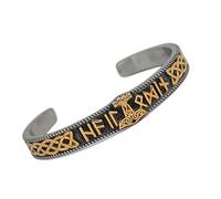 Bracelet Manchette Nordique Viking Mjolnir pour Homme - Acier Inoxydable Double Couleur Odin Crow Marteau de Thor Noeud Celtique - Bracelet Amulette Païenne Gothique Vintage(Gold)