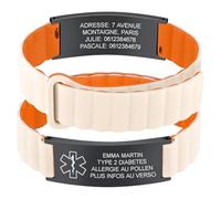 Bracelet Medical Personnalisé Femme Homme - Imperméable Silicone Magnétique Réglable ID Bracelet de Sécurité SOS Urgent Alert Out-door Sport Fiteness Manchette pour Adultes et Ados (1.Blanc-Orange)