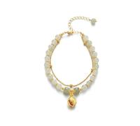 Bracelet Messages Anneaux Bracelet en jade hétien naturel vert pour femme, bague à breloques en perles, cloche réglable en alliage à 2 couches, chaîne empilable, bijoux, cadeau (Green, One Size)