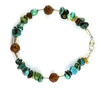Bracelet monté sur câble avec perles de turquoise naturelles et de graines de Rudraksha. Fermoir et intercalaires en argent 925 (18)
