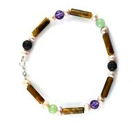 Bracelet monté sur Câble, avec Tubes en Oeil de Tigre, Perles Rondes de 6mm en Pierre de Lave naturelle, Améthyste et Aventurine Verte, et Perles d'eau douce Roses. Fermoir en Argent 925