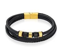 Bracelet multi cuir Mendes perles en acier inoxydable noir doré-18,5 cm
