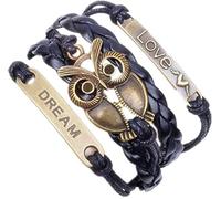 Bracelet multi-rangs creux hiboux avec message gravé en cuir synthétique tressé vintage pour homme et femme - Cadeau durable et professionnel