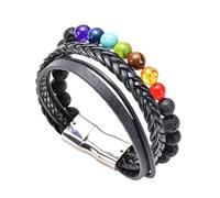 Bracelet Multi-Rangs En Cuir Noir Pour Homme, Perles De 8 Mm En Pierre Œil-De-Tigre/Pierre De Lave, 7 Chakras, Fermoir Magnétique. Bijou Idéal Comme Cadeau Pour Mari, Petit Ami Ou Père. Longueur