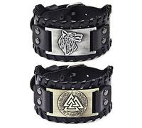 Bracelet noeud celtique Viking 2 pièces, bracelet en cuir tête de loup nordique, Bracelet Rune Triangle Odin, bracelet bracelet manchette large, bracelet tissé à la main, bracelet en cuir vintage