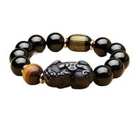Bracelet, Obsidienne Double Œil de Tigre Jaune, symbole richesse et protection contre les mauvais esprits, pixiu, 16 mm(Single Pixiu-12mm)