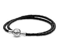 Pandora Icons Bracelet en cuir argenté, double, noir, D3
